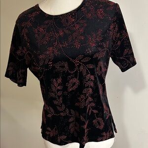 Notations Black Velvet and Red Patterned Short Sleeve Top
